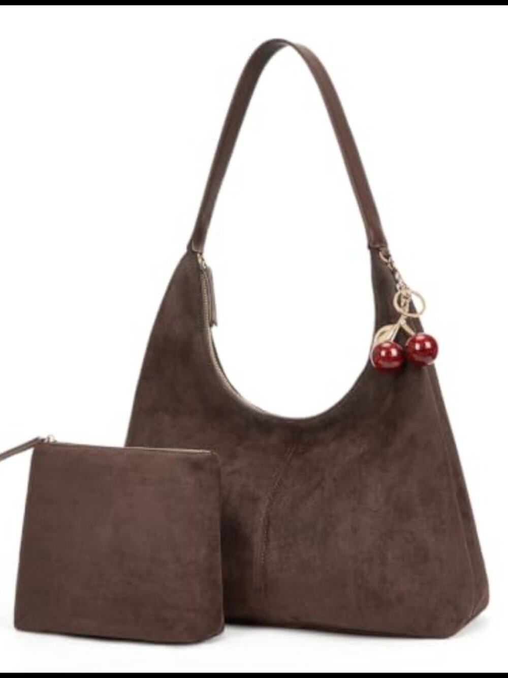 Faux Suede Hobo Shoulder Bag 2pc Set Wide Strap Zipper Pouch
